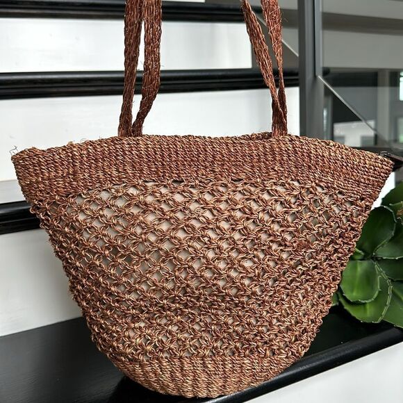Woven shoulder tote purse straw zipper top relaxed boho fall - Picture 1 of 10